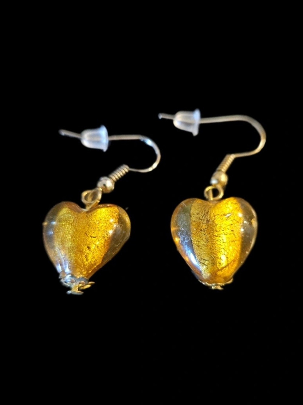 Vintage Murano Style Amber Lampwork Glass Heart Drop Earrings Gold Foil Shimmer